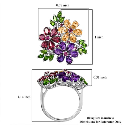 Multi Gemstone Hibiscus Flower Ring in Rhodium Over Sterling Silver (Size 10.0) 5.75 ctw