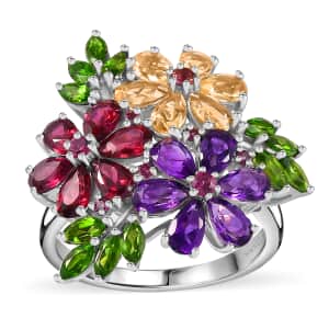 Multi Gemstone Hibiscus Flower Ring in Rhodium Over Sterling Silver (Size 5.0) 5.75 ctw