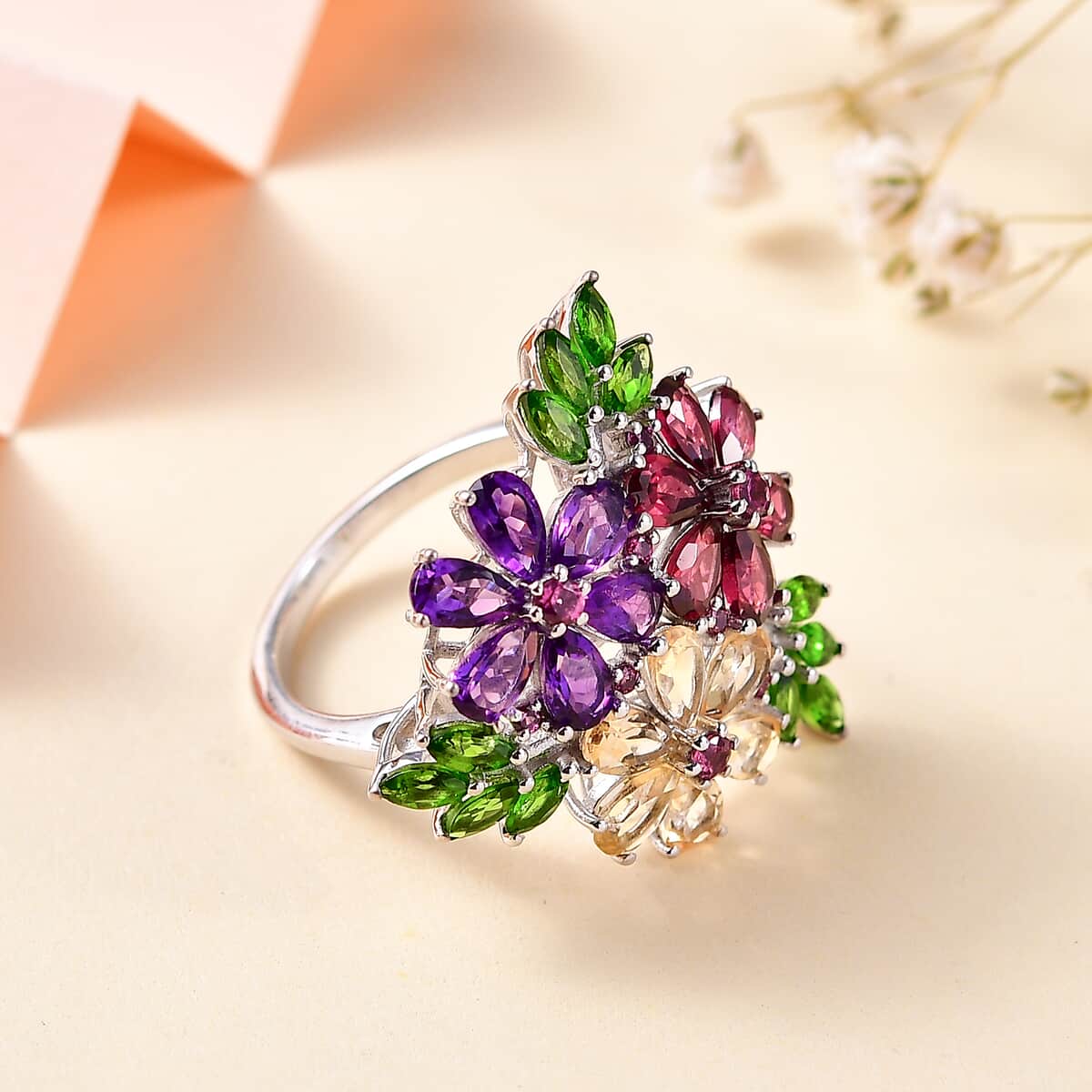 Multi Gemstone Hibiscus Flower Ring in Rhodium Over Sterling Silver (Size 5.0) 5.75 ctw image number 1