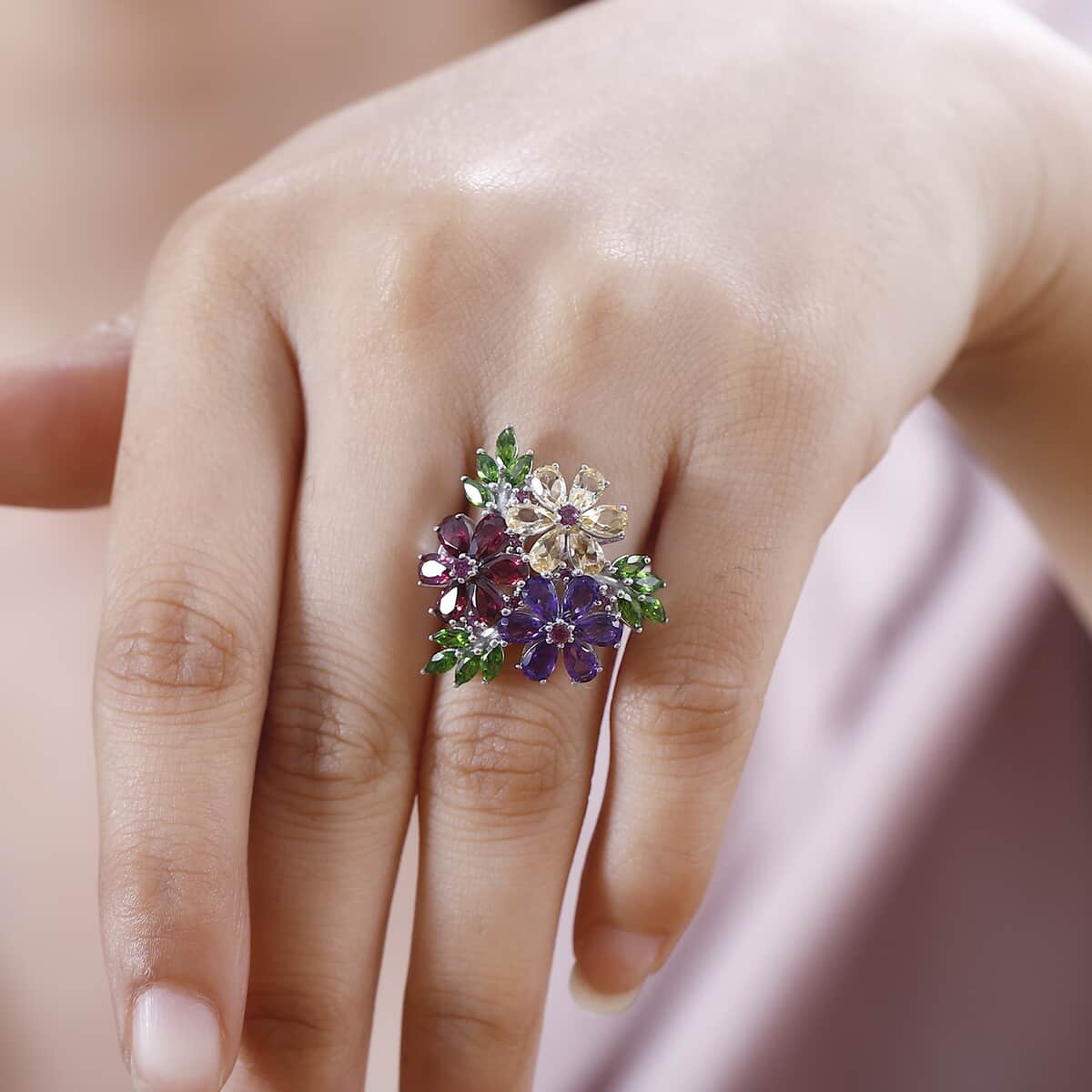 Multi Gemstone Hibiscus Flower Ring in Rhodium Over Sterling Silver (Size 5.0) 5.75 ctw image number 2