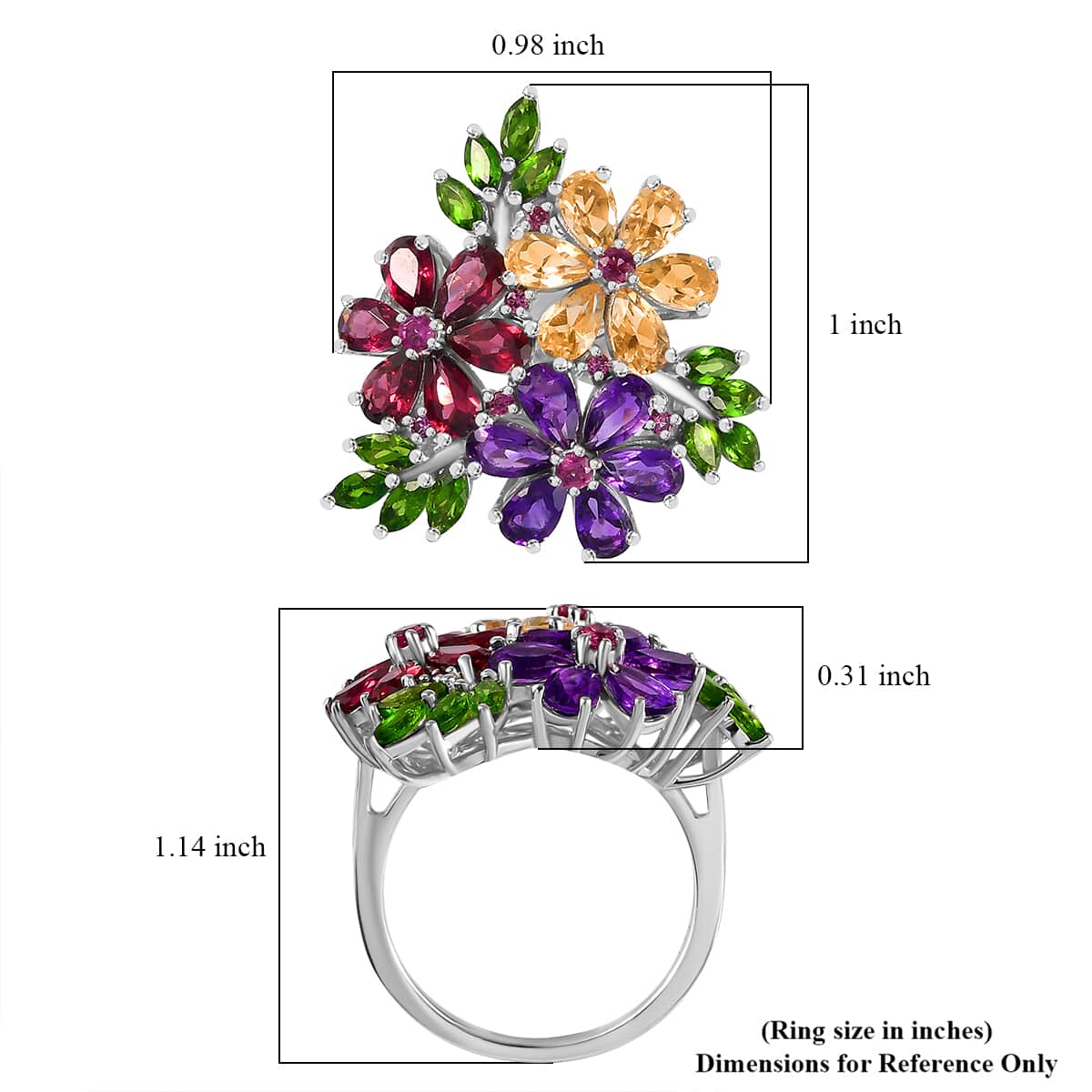 Multi Gemstone Hibiscus Flower Ring in Rhodium Over Sterling Silver (Size 5.0) 5.75 ctw image number 5