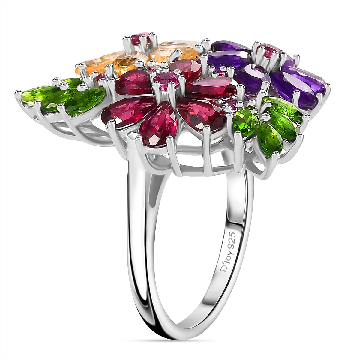 Buy Multi Gemstone Hibiscus Flower Ring in Rhodium Over