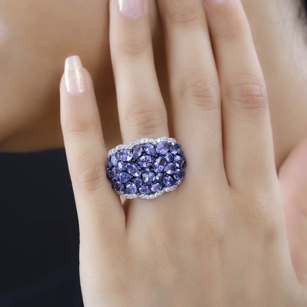 Tanzanite and White Zircon 8.75 ctw Ring in Rhodium Over Sterling Silver (Size 9.0) image number 2