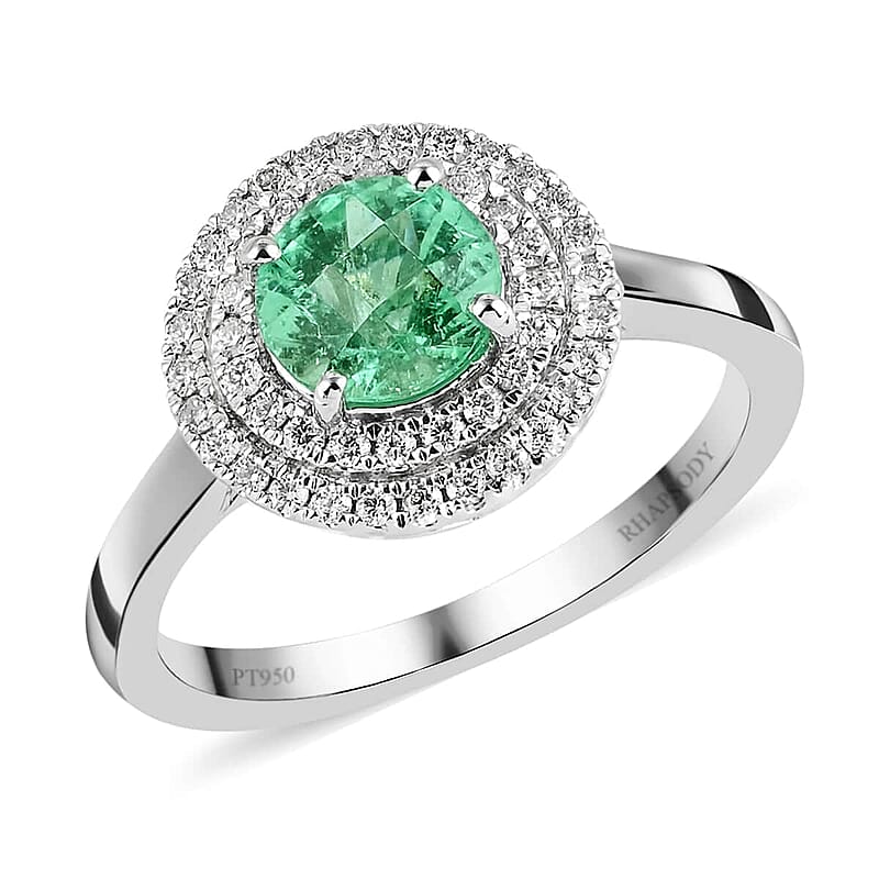 Certified & Appraised Rhapsody 950 Platinum AAAA Boyaca Colombian Emerald and E-F VS Diamond Double Halo Ring (Size 5.0) 5.30 Grams 1.20 ctw