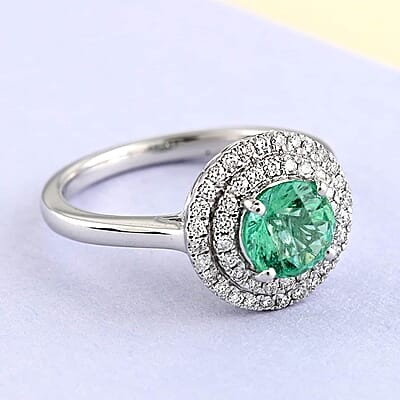 Certified & Appraised Rhapsody 950 Platinum AAAA Boyaca Colombian Emerald and E-F VS Diamond Double Halo Ring (Size 5.0) 5.30 Grams 1.20 ctw
