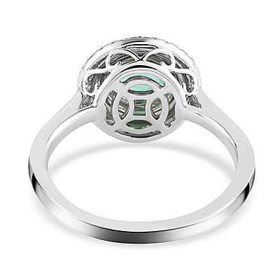 Certified & Appraised Rhapsody 950 Platinum AAAA Boyaca Colombian Emerald and E-F VS Diamond Double Halo Ring (Size 5.0) 5.30 Grams 1.20 ctw
