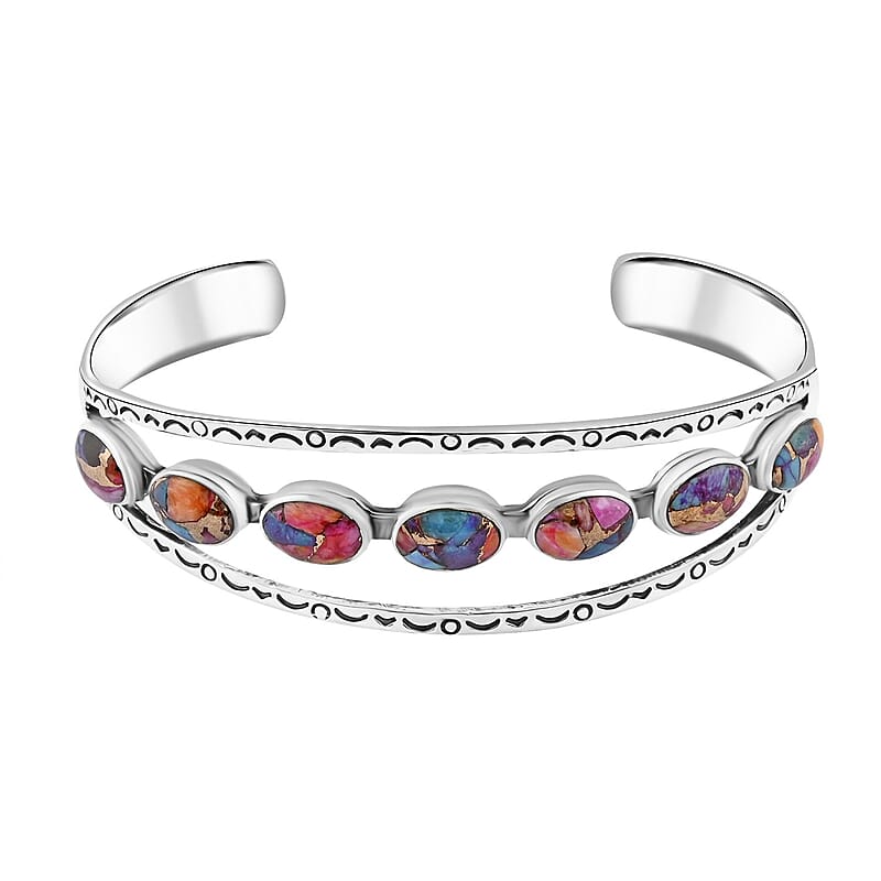 Santa Fe Style Multi Gemstones Cuff Bracelet in Sterling Silver (7.00 In) 15.00 ctw