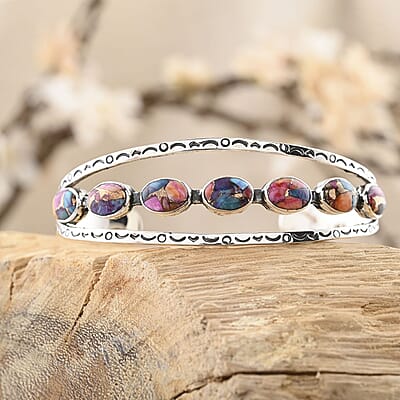 Santa Fe Style Multi Gemstones Cuff Bracelet in Sterling Silver (7.00 In) 15.00 ctw