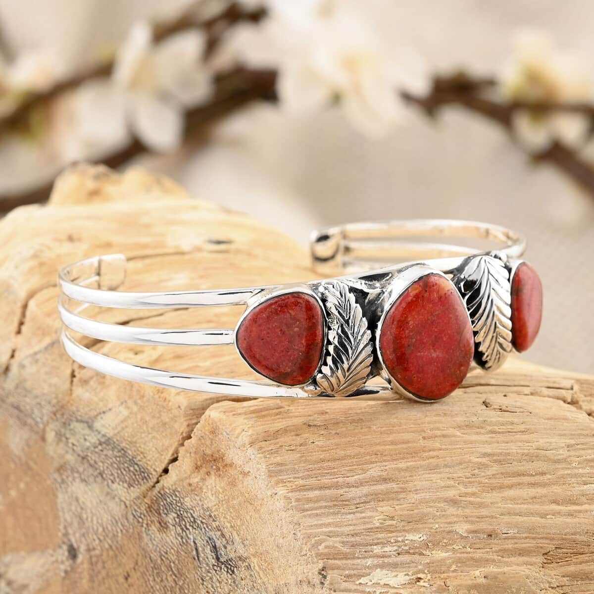 Santa Fe Style Red Coral Cuff Bracelet in Sterling Silver (7.00 In) image number 1