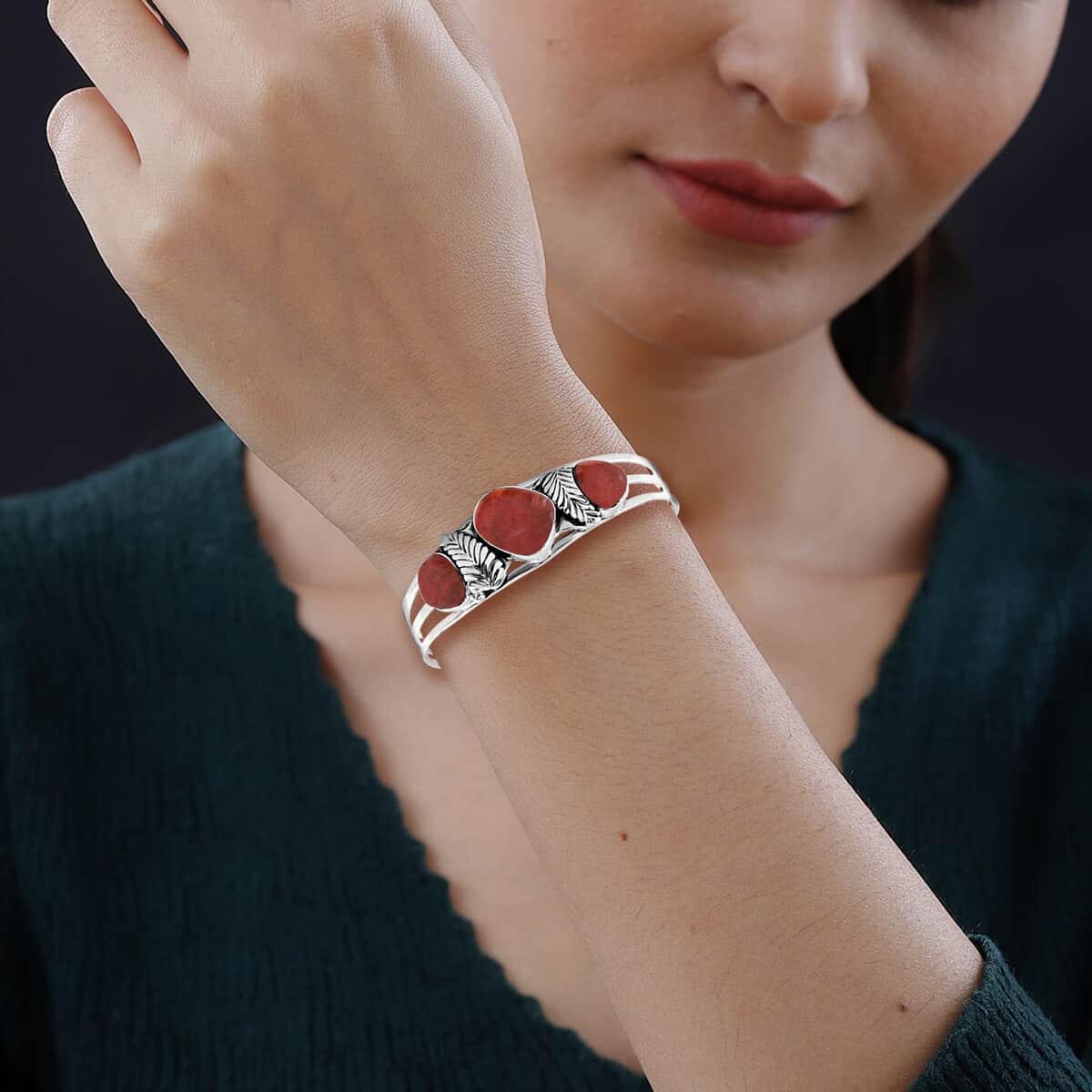 Santa Fe Style Red Coral Cuff Bracelet in Sterling Silver (7.00 In) image number 2