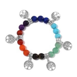 Multi Gemstone 130.00 ctw Beaded Seven Chakra Stretch Bracelet with Tree of Life Charm in Silvertone