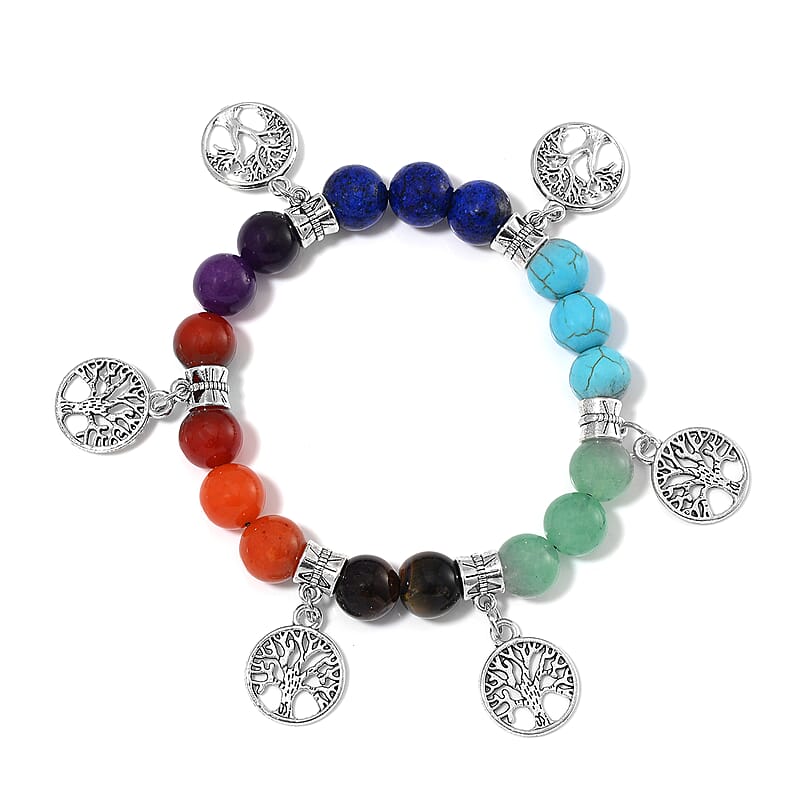 Multi Gemstone 130.00 ctw Beaded Seven Chakra Stretch Bracelet with Tree of Life Charm in Silvertone