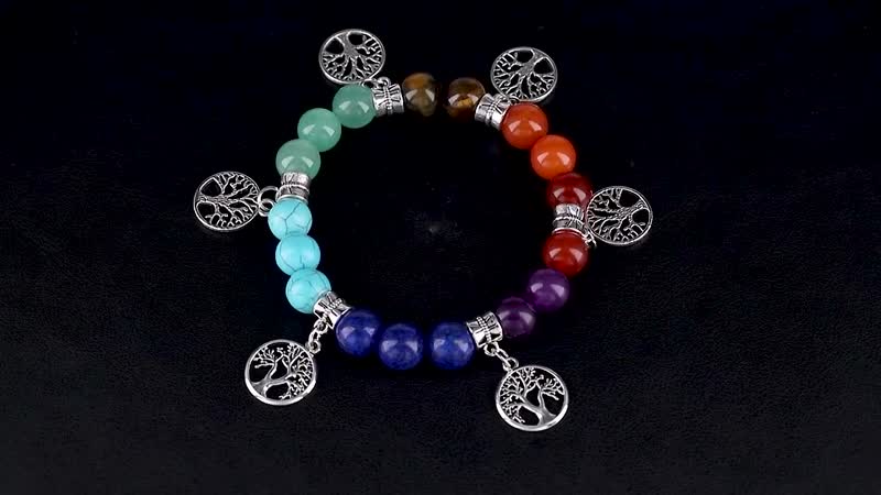 Multi Gemstone Beaded Seven Chakra Stretch Bracelet with Tree of Life Charm in Silvertone 130.00 ctw