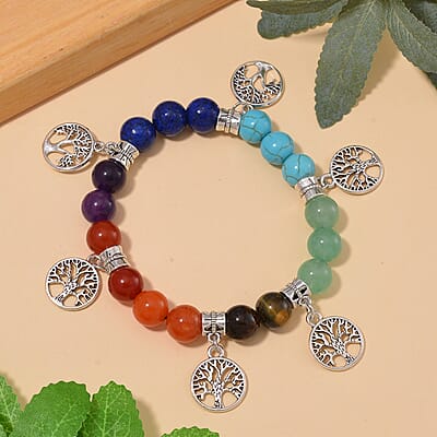 Multi Gemstone 130.00 ctw Beaded Seven Chakra Stretch Bracelet with Tree of Life Charm in Silvertone