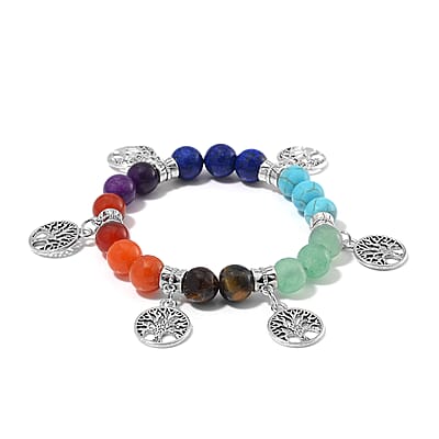 Multi Gemstone 130.00 ctw Beaded Seven Chakra Stretch Bracelet with Tree of Life Charm in Silvertone