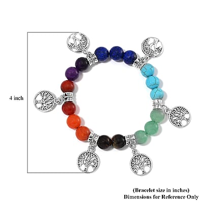 Multi Gemstone 130.00 ctw Beaded Seven Chakra Stretch Bracelet with Tree of Life Charm in Silvertone