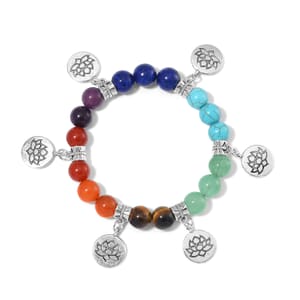 Multi Gemstone 130.00 ctw Beaded Seven Chakra Stretch Bracelet with Rose Flower Charm in Silvertone
