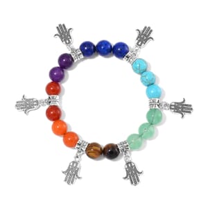 Multi Gemstone 130.00 ctw Beaded Seven Chakra Stretch Bracelet with Hamsa Charm in Silvertone