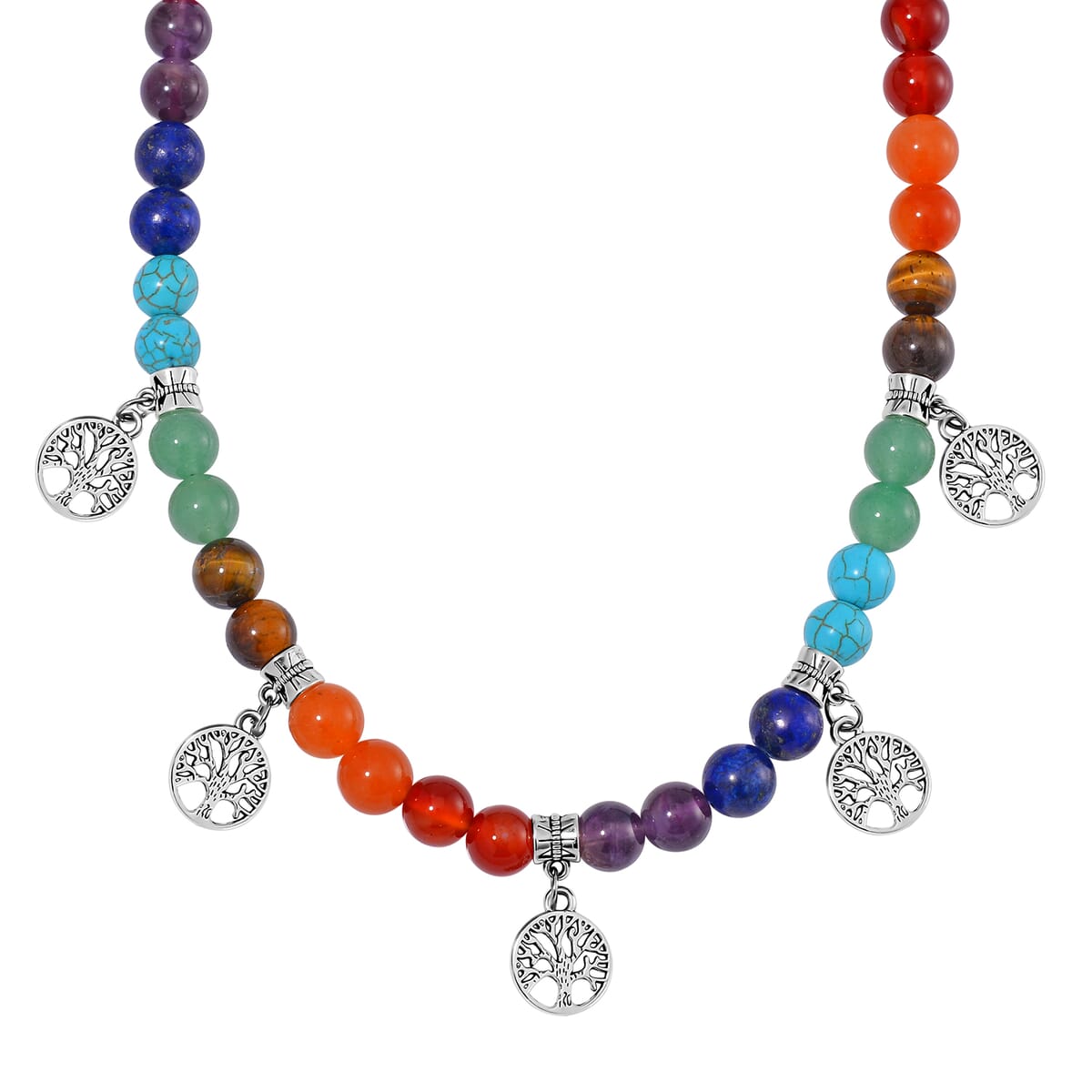 Multi Gemstone Beaded Seven Chakra Necklace with Tree of Life Charm (18-20 Inches) in Silvertone 320.00 ctw image number 0
