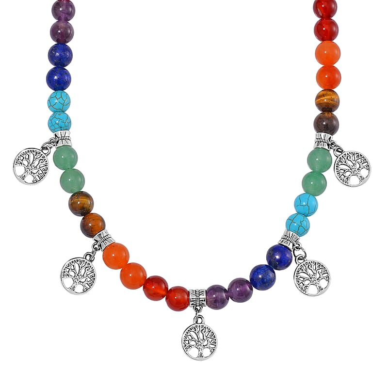 Multi Gemstone 320.00 ctw Beaded Seven Chakra Necklace with Tree of Life Charm in Silvertone 18-20 Inches