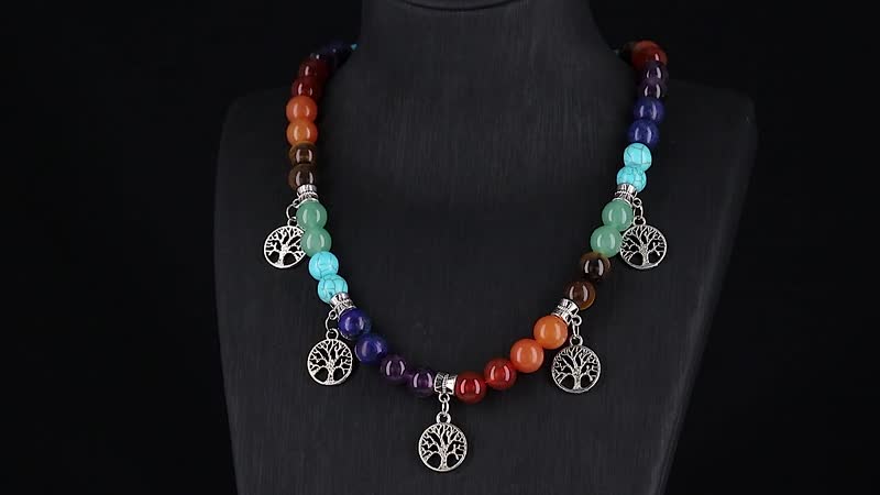 Multi Gemstone Beaded Seven Chakra Necklace with Tree of Life Charm (18-20 Inches) in Silvertone 320.00 ctw