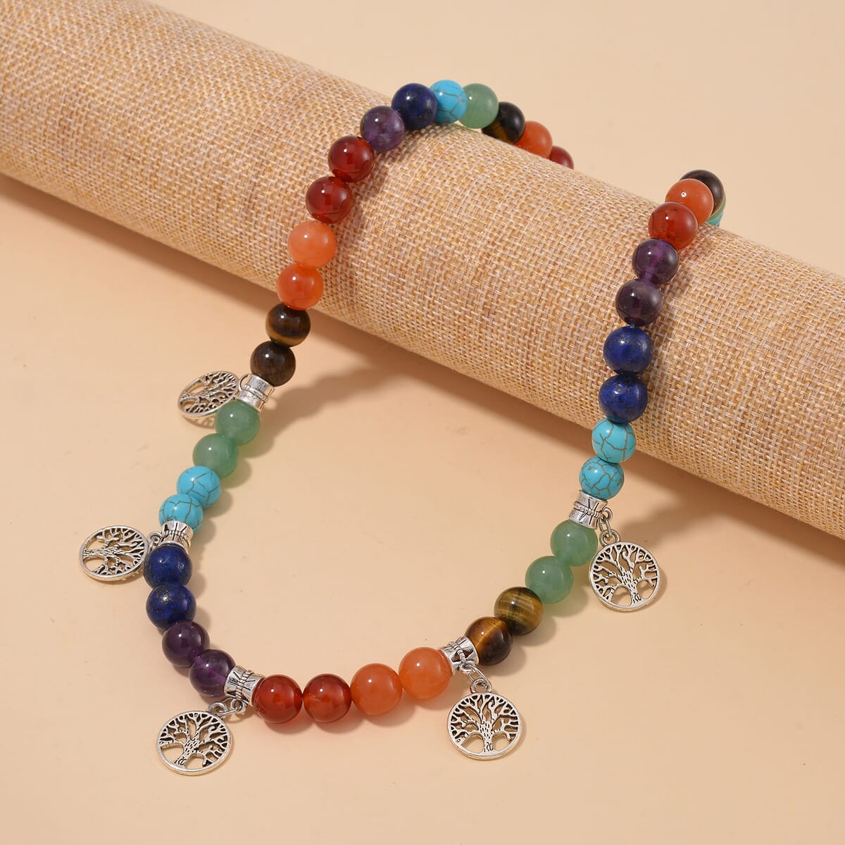 Multi Gemstone Beaded Seven Chakra Necklace with Tree of Life Charm (18-20 Inches) in Silvertone 320.00 ctw image number 1