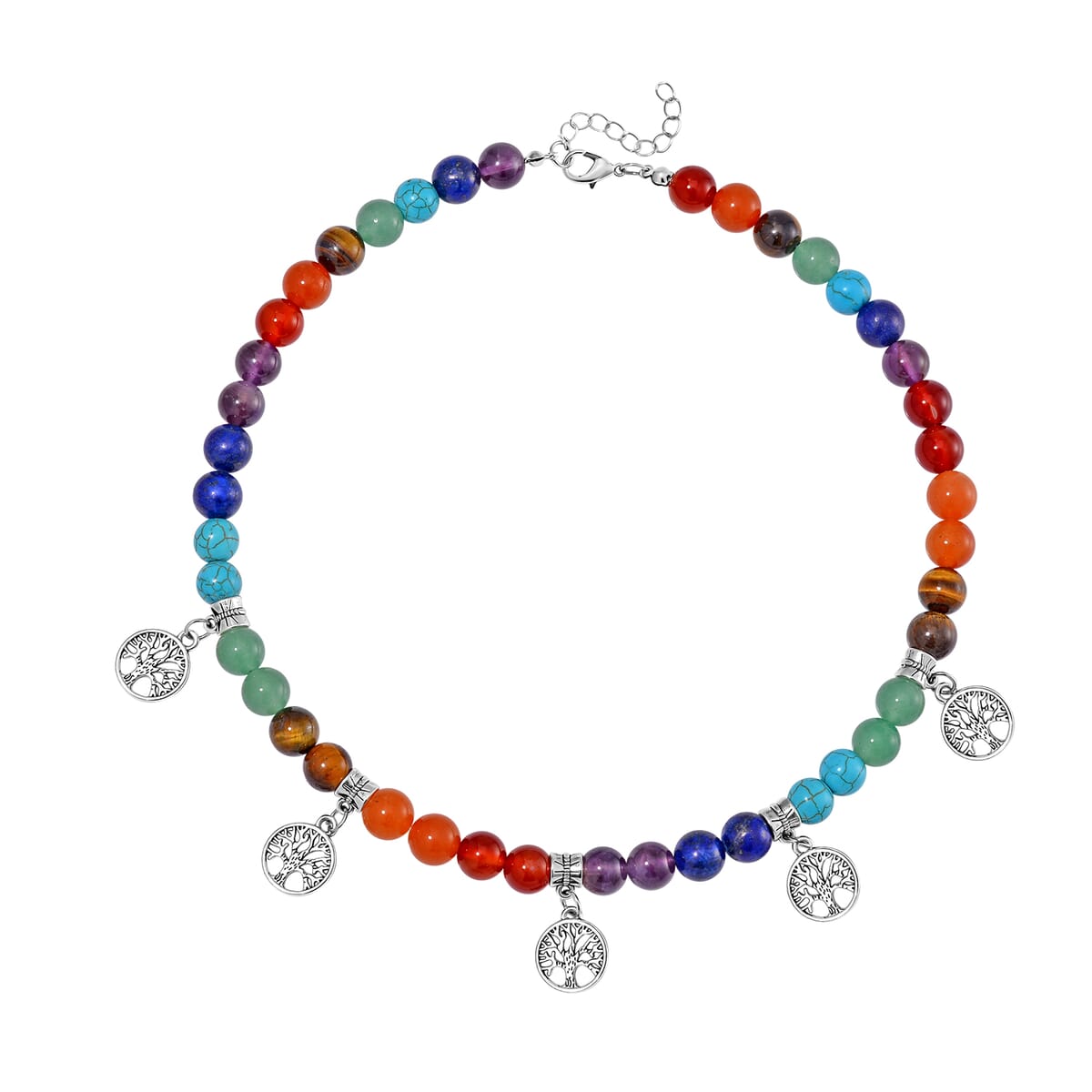 Multi Gemstone Beaded Seven Chakra Necklace with Tree of Life Charm (18-20 Inches) in Silvertone 320.00 ctw image number 2