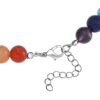 Multi Gemstone 320.00 ctw Beaded Seven Chakra Necklace with Tree of Life Charm in Silvertone 18-20 Inches