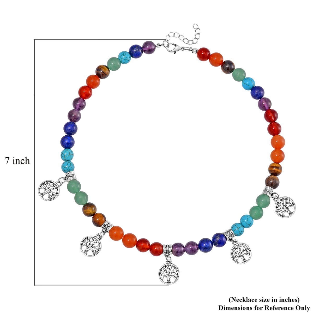 Multi Gemstone Beaded Seven Chakra Necklace with Tree of Life Charm (18-20 Inches) in Silvertone 320.00 ctw image number 4