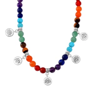 Multi Gemstone 320.00 ctw Beaded Seven Chakra Necklace with Rose Charm in Silvertone 18-20 Inches