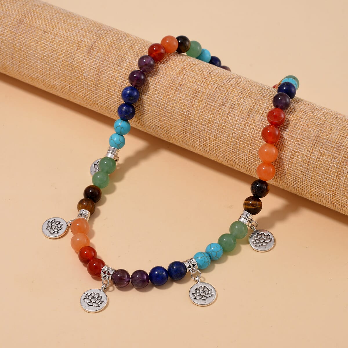 Multi Gemstone 320.00 ctw Beaded Seven Chakra Necklace with Rose Charm in Silvertone 18-20 Inches image number 1