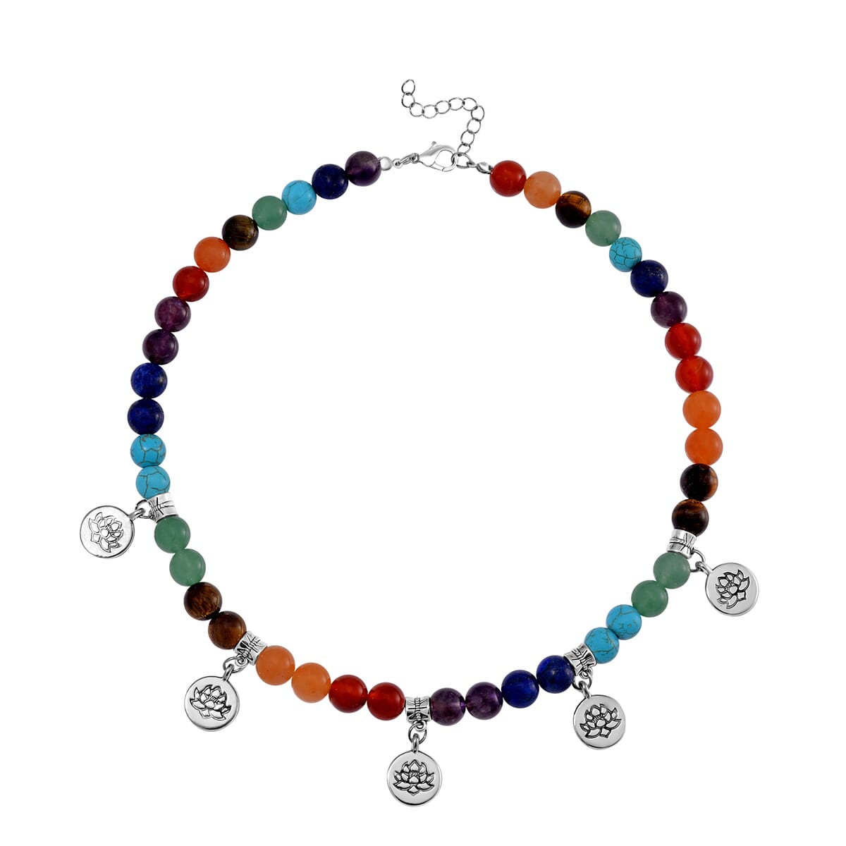 Multi Gemstone 320.00 ctw Beaded Seven Chakra Necklace with Rose Charm in Silvertone 18-20 Inches image number 2