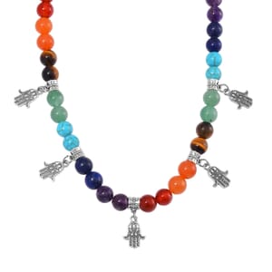 Multi Gemstone 320.00 ctw Beaded Seven Chakra Necklace with Hamsa Charm in Silvertone 18-20 Inches