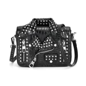 Sivani Black Crocodile Embossed Faux Leather Crossbody Jacket Bag with Detachable Shoulder Strap