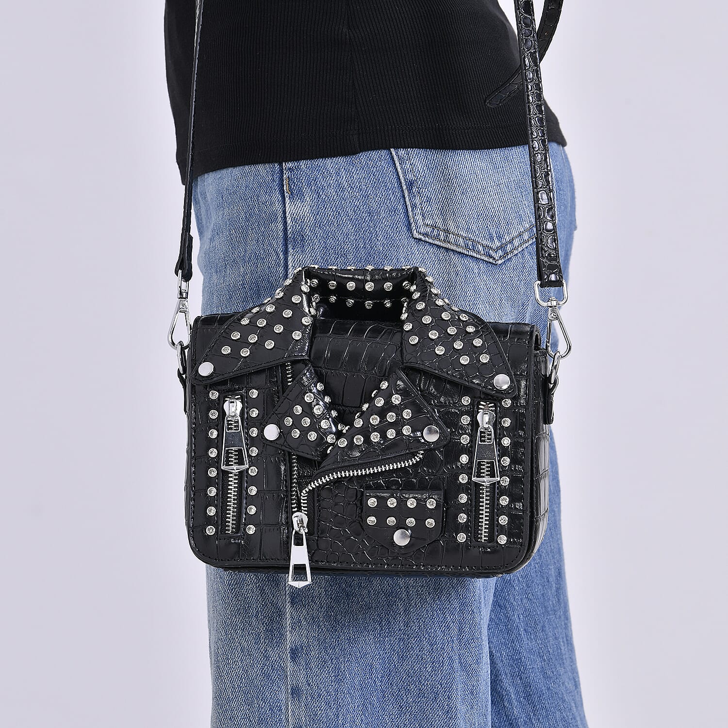 Sivani Black Crocodile Embossed Faux Leather Crossbody Jacket Bag with Detachable Shoulder Strap