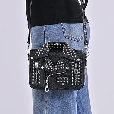 Sivani Black Crocodile Embossed Faux Leather Crossbody Jacket Bag with Detachable Shoulder Strap
