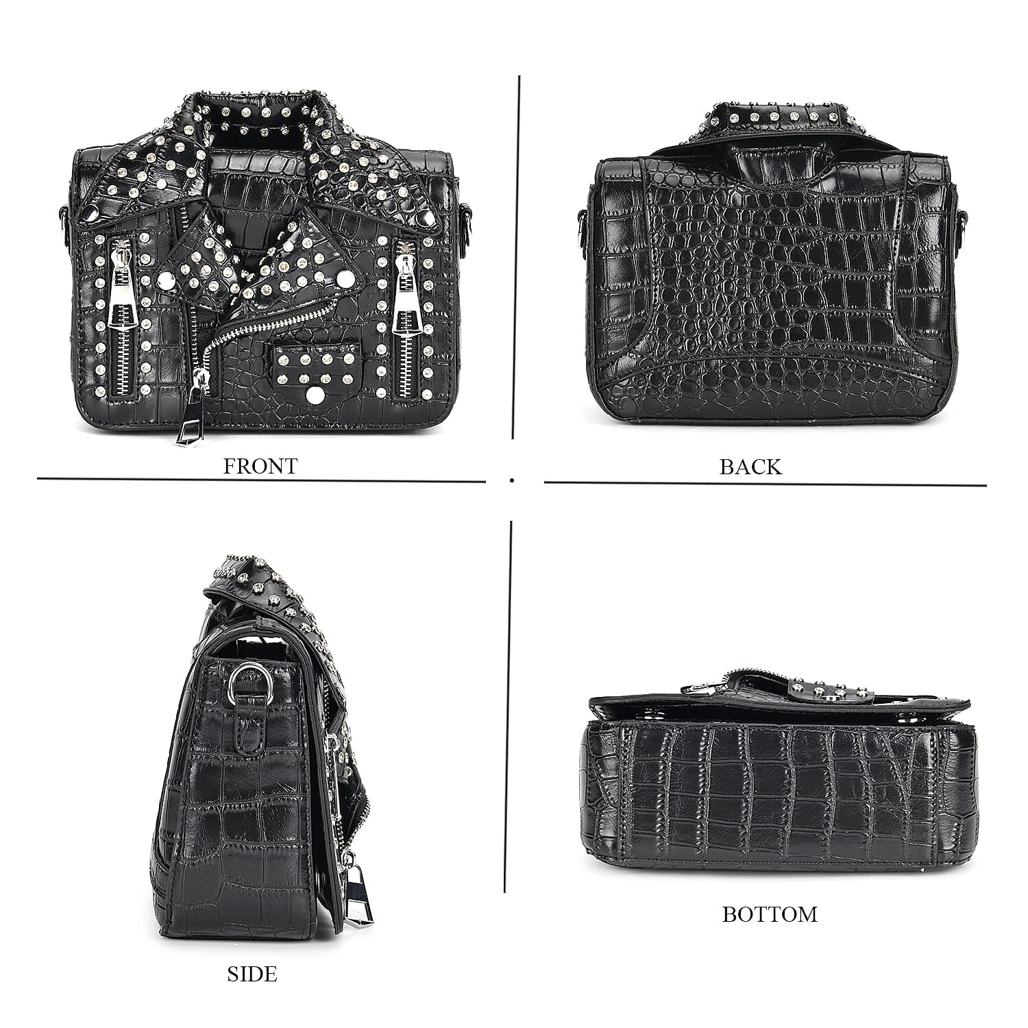 Sivani Black Crocodile Embossed Faux Leather Crossbody Jacket Bag with Detachable Shoulder Strap
