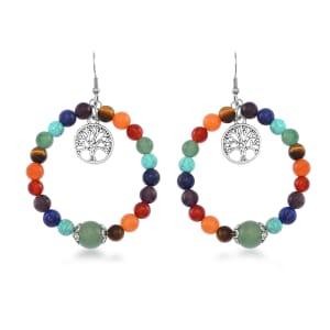 Multi Gemstone 95.00 ctw Beaded Seven Chakra Stretch Earrings with Tree of Life Charm in Silvertone