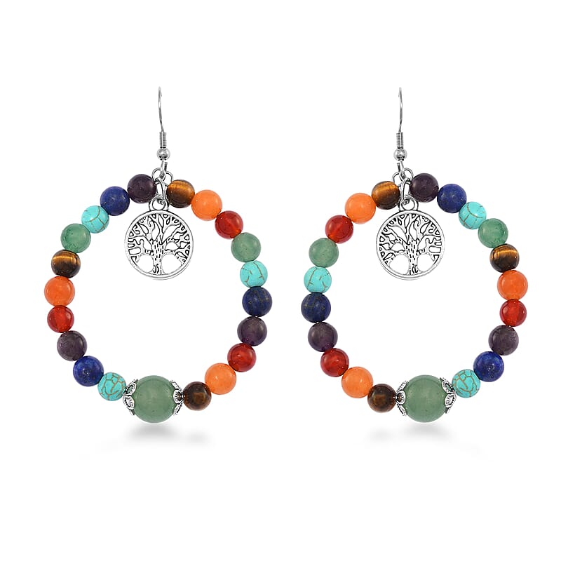Multi Gemstone 95.00 ctw Beaded Seven Chakra Stretch Earrings with Tree of Life Charm in Silvertone