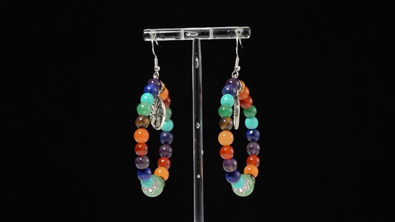 Multi Gemstone Beaded Seven Chakra Stretch Earrings with Tree of Life Charm in Silvertone 95.00 ctw