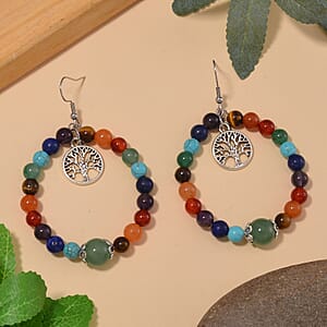 Multi Gemstone 95.00 ctw Beaded Seven Chakra Stretch Earrings with Tree of Life Charm in Silvertone