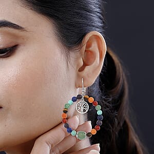 Multi Gemstone 95.00 ctw Beaded Seven Chakra Stretch Earrings with Tree of Life Charm in Silvertone