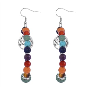 Multi Gemstone 95.00 ctw Beaded Seven Chakra Stretch Earrings with Tree of Life Charm in Silvertone