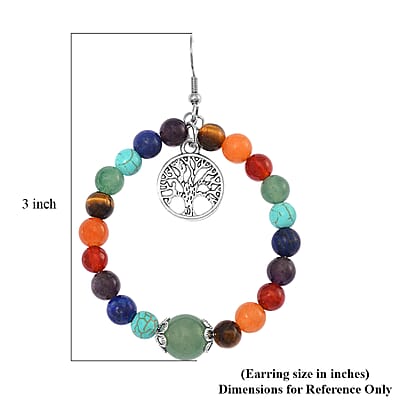 Multi Gemstone 95.00 ctw Beaded Seven Chakra Stretch Earrings with Tree of Life Charm in Silvertone