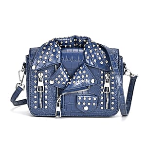 Sivani Navy Crocodile Embossed Faux Leather Crossbody Jacket Bag with Detachable Shoulder Strap