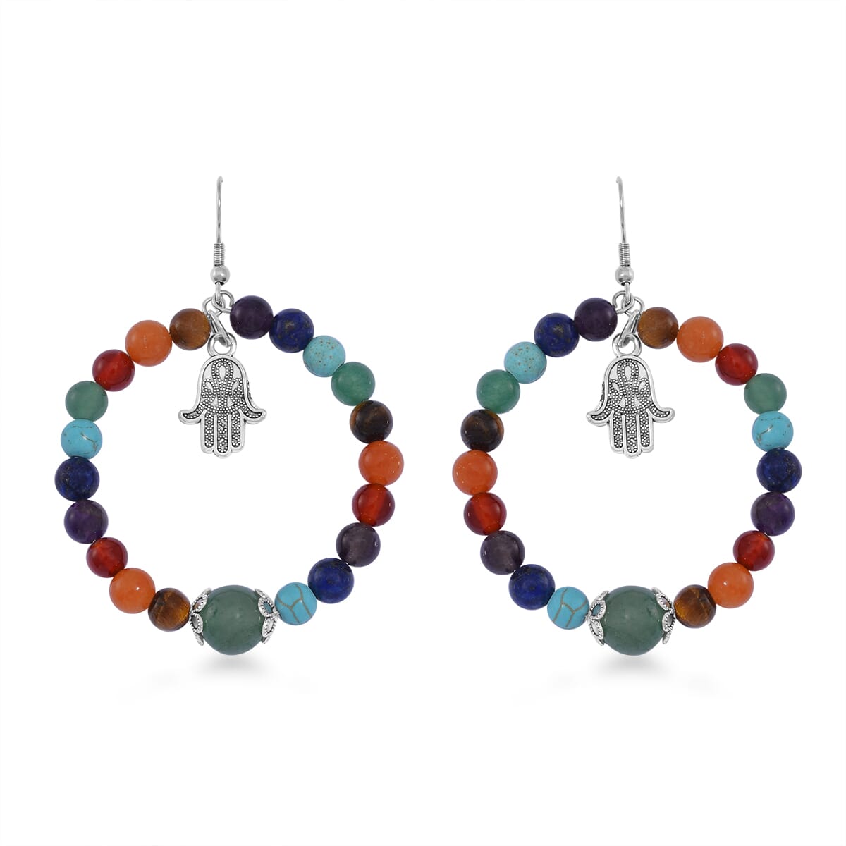 Multi Gemstone 95.00 ctw Beaded Seven Chakra Stretch Earrings with Hamsa Charm in Silvertone image number 0