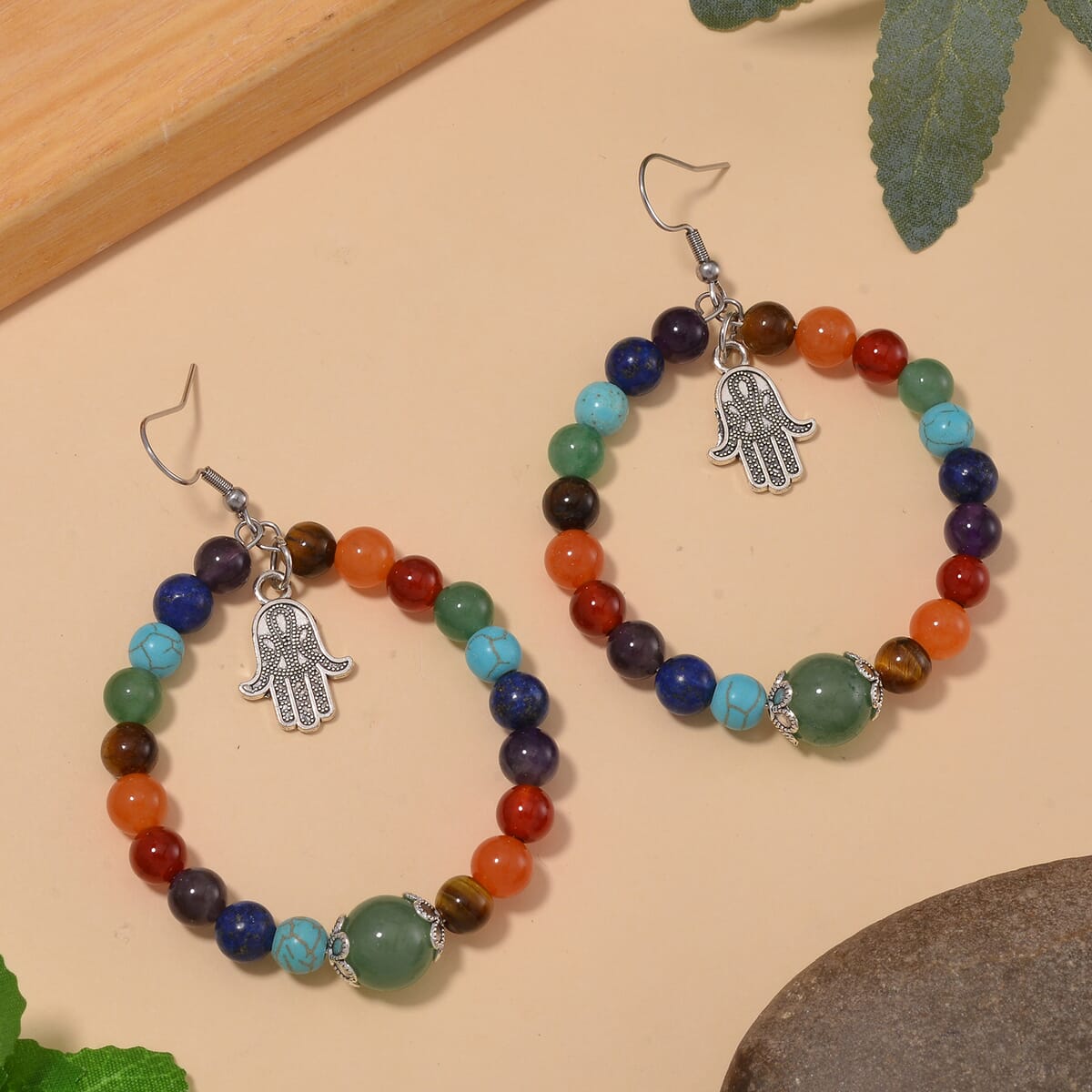 Multi Gemstone 95.00 ctw Beaded Seven Chakra Stretch Earrings with Hamsa Charm in Silvertone image number 1