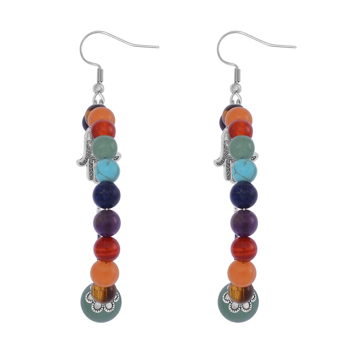 Multi Gemstone 95.00 ctw Beaded Seven Chakra Stretch Earrings with Hamsa Charm in Silvertone image number 3
