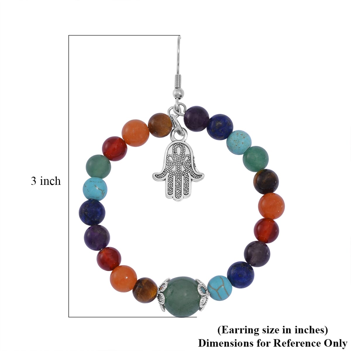 Multi Gemstone 95.00 ctw Beaded Seven Chakra Stretch Earrings with Hamsa Charm in Silvertone image number 4