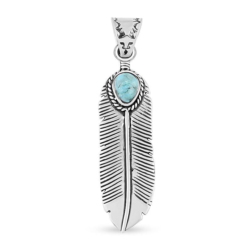 Santa Fe Style Turquoise Feather Pendant in Sterling Silver 3.00 ctw